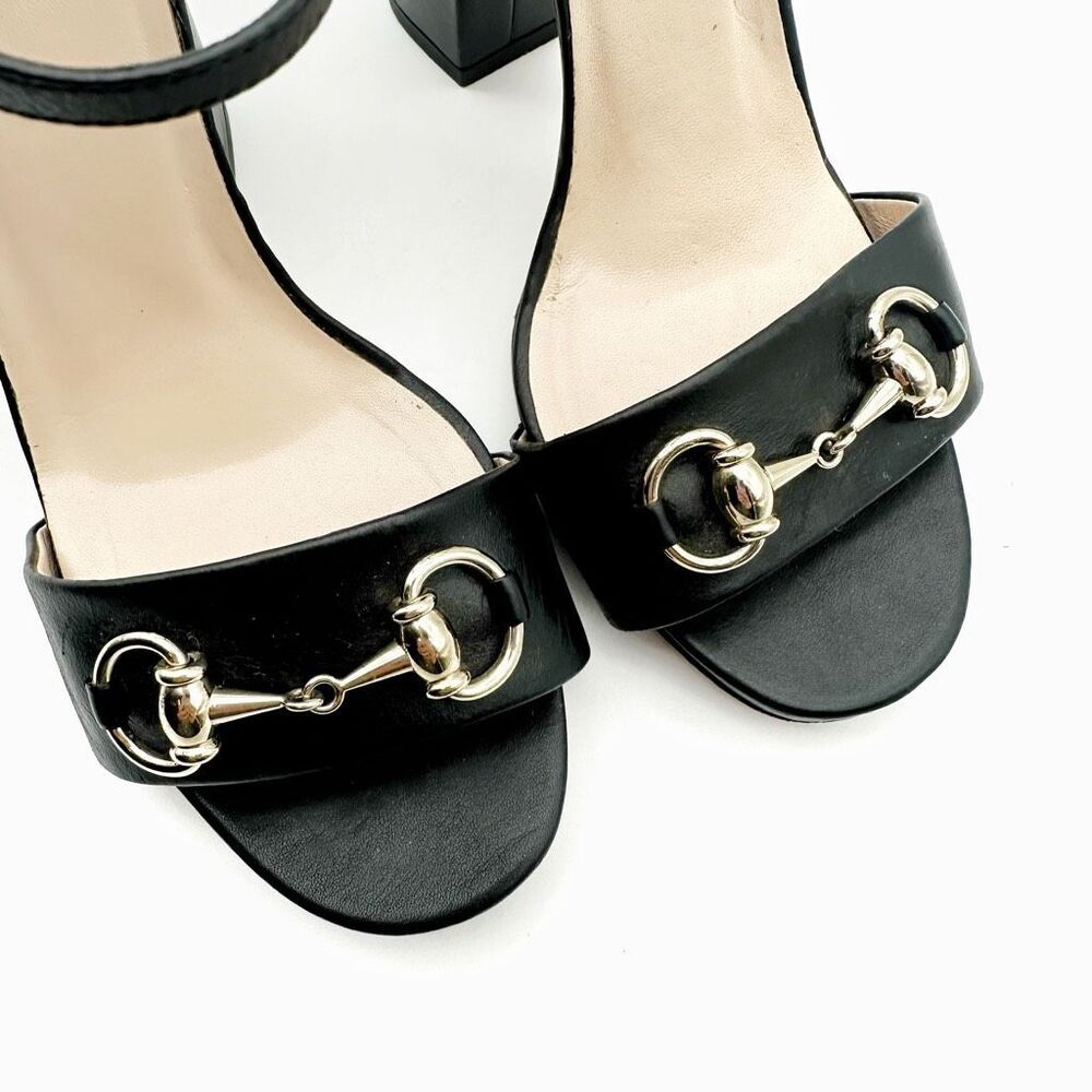 GUCCI Horsebit Black Leather Heeled Sandal Size 38 Leather Block Claudie - Picture 4 of 13